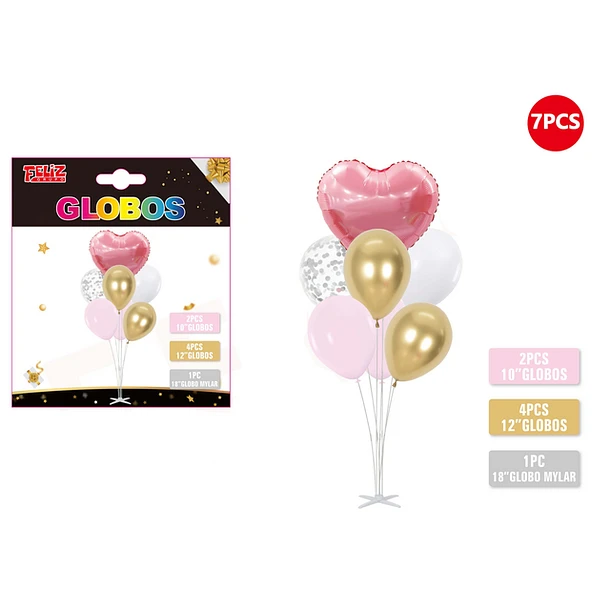 SET GLOBOS ROSADO, DORADO Y CORAZÓN ROJO CON PEDESTA 7 PCS - 1
