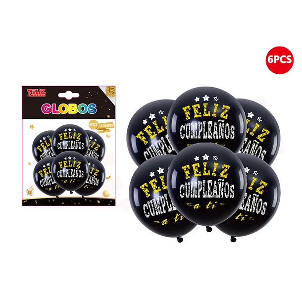 SET GLOBOS FELIZ CUMPLEAÑOS NEGRO 6PCS - 1