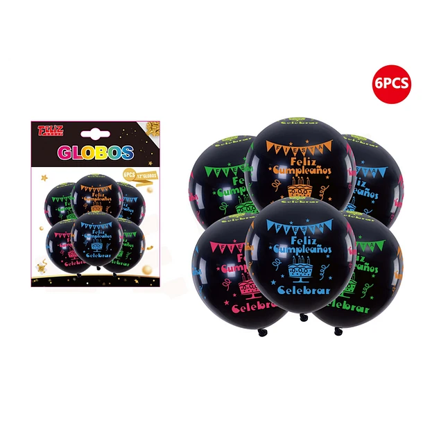 SET DE GLOBOS COLORES CON FRASE FELIZ CUMPLEAÑOS 6PCS - 1