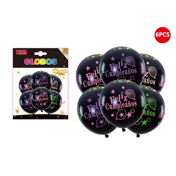 SET GLOBOS NEGRO FELIZ CUMPLEAÑOS 30CM 6PCS - 1