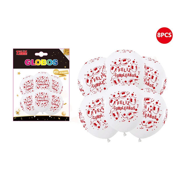 SET GLOBOS BLANCO CON FELIZ CUMPLEAÑOS 30CM 8PCS - 1