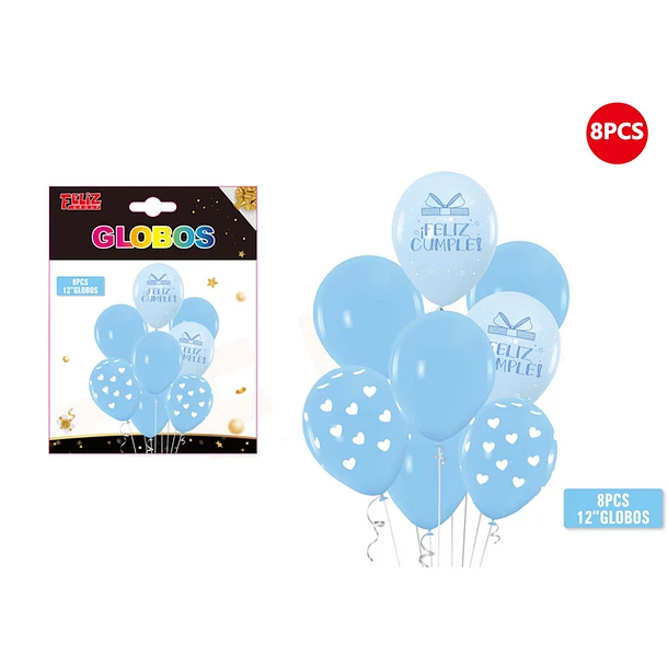 SET GLOBOS CON FRASE FELIZ CUMPLE CELESTE 8PCS - 1