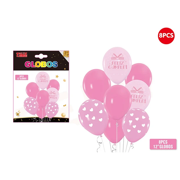 SET GLOBOS CON FRASE FELIZ CUMPLE ROSADO 8PCS - 1