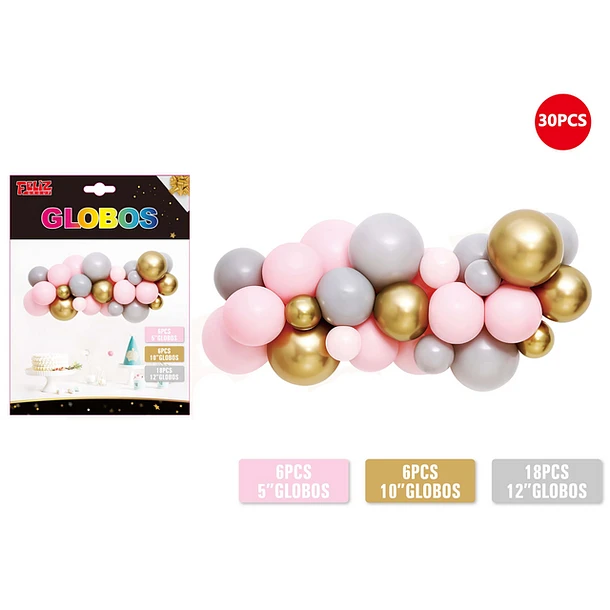 SET GLOBOS ROSADO Y GRIS 30PCS - 1