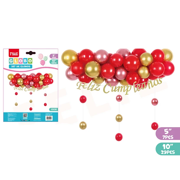 SET DE GLOBOS Y LETRAS FELIZ CUMPEAÑOS ROSA Y ROJO 39 PCS - 1