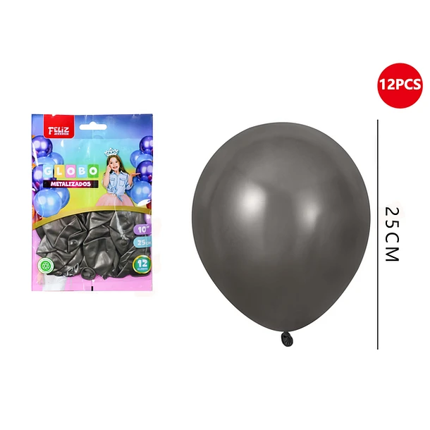 GLOBOS NEGRO METALIZADO 25 CM 12 PCS - 1