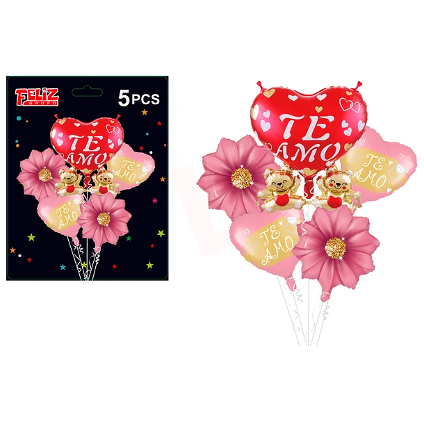 SET GLOBOS TE AMO CON FLORES Y OSITOS ROSADO 5 PCS - 1