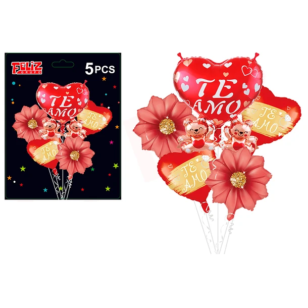 SET GLOBOS TE AMO CON FLORES Y OSITOS ROJO 5 PCS - 1