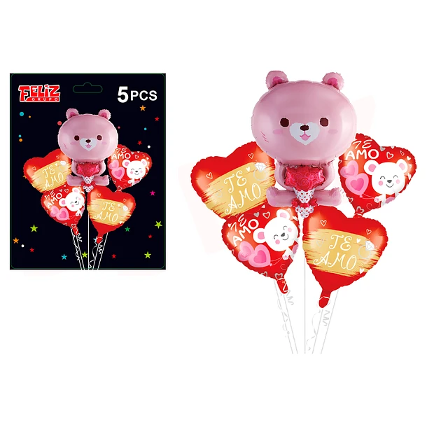 SET GLOBOS TE AMO CON CORAZONES Y OSITO ROSADO 5 PCS - 1