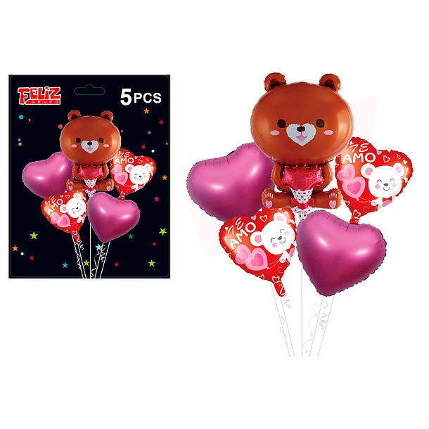 SET GLOBOS TE AMO CON CORAZONES Y OSITOS 5 PCS - 1