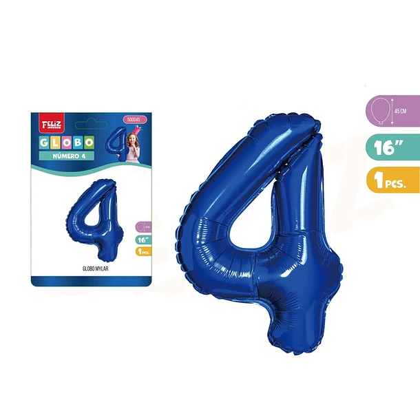 GLOBO ALUMINIO AZUL 45CM NÚMERO 4 - 1