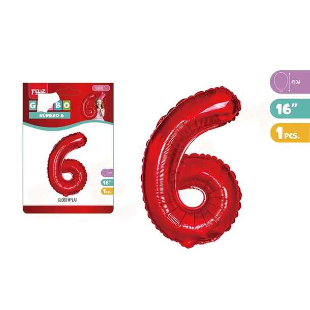GLOBO ALUMINIO ROJO 45CM NÚMERO 6 - 1