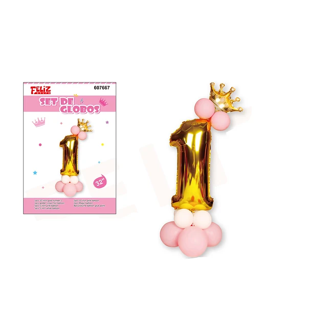 GLOBO NÚMERO 1 DORADO CON ROSA - 1