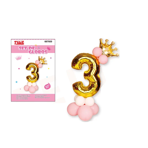 GLOBO NÚMERO 3 DORADO CON ROSA - 1