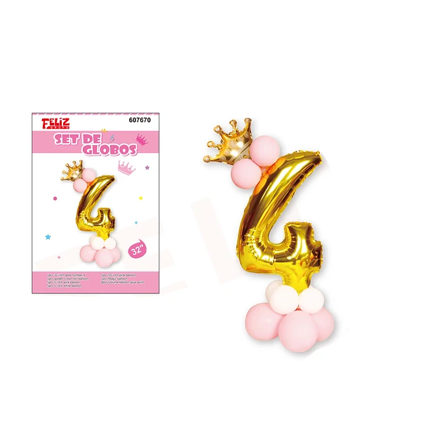GLOBO NÚMERO 4 DORADO CON ROSA - 1