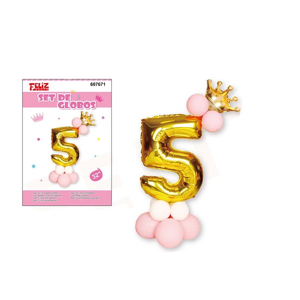 GLOBO NÚMERO 5 DORADO CON ROSA - 1