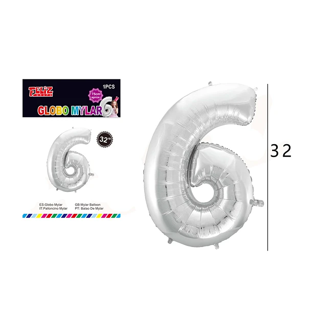 GLOBO NÚMERO 6 PLATEADO 81 CM - 1
