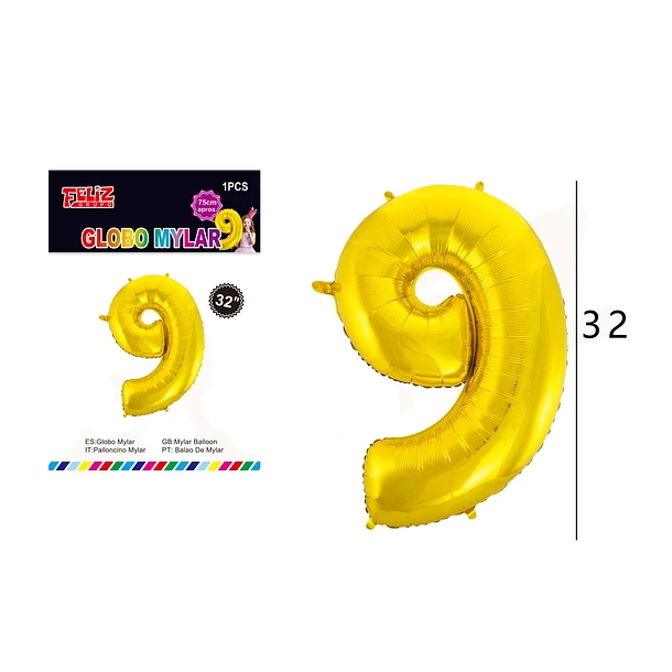 GLOBO NÚMERO 9 DORADO 81 CM - 1