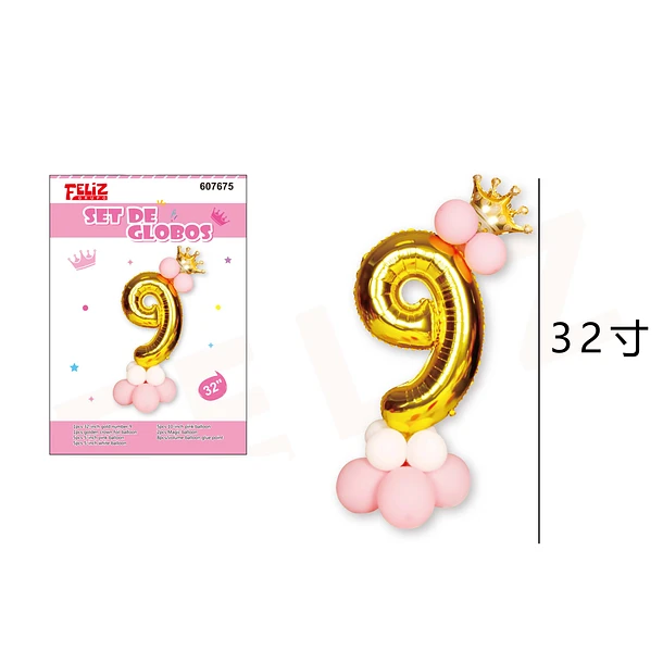 GLOBO NÚMERO 9 DORADO CON ROSA - 1