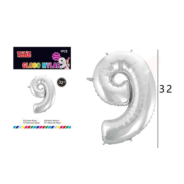 GLOBO NÚMERO 9 PLATEADO 81 CM - 1