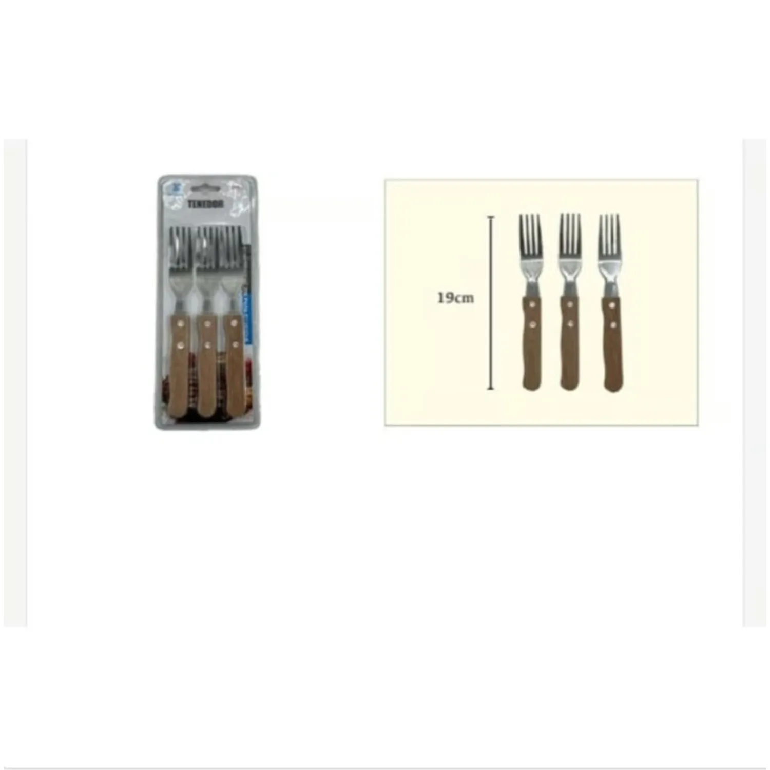 TENEDOR ACERO INOXIDABLE 3 PIEZAS MANGO DE MADERA - 1