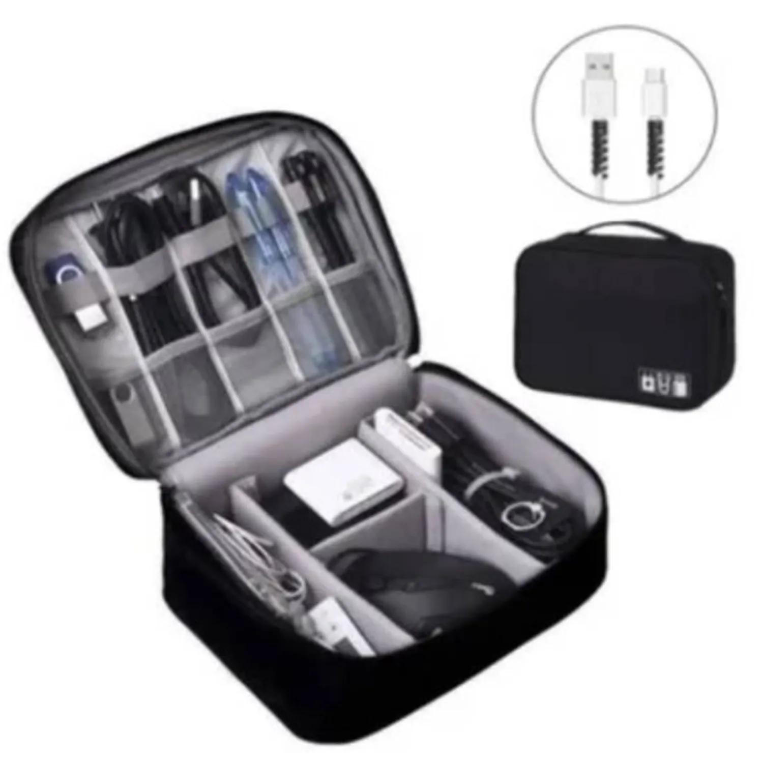 BOLSO ORGANIZADOR DE CABLES Y ACCESORIOS USB VIAJERO EN COLOR NEGRO - 1
