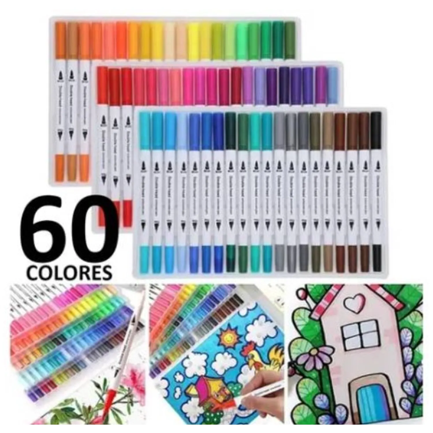 60 MARCADORES DE DOBLE PUNTA TIPO PINCEL COLORES - 1