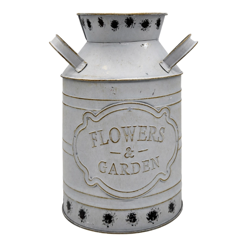 FLORERO METALICO TIPO LECHERO DECORATIVO VINTAGE RELIEVE - 1