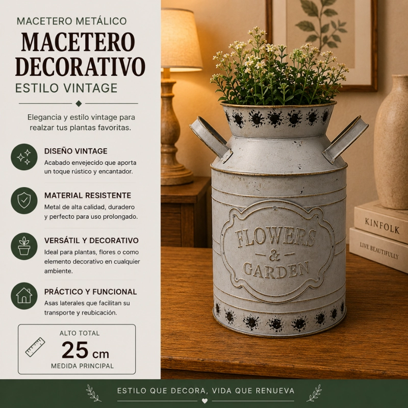 FLORERO METALICO TIPO LECHERO DECORATIVO VINTAGE RELIEVE - 5