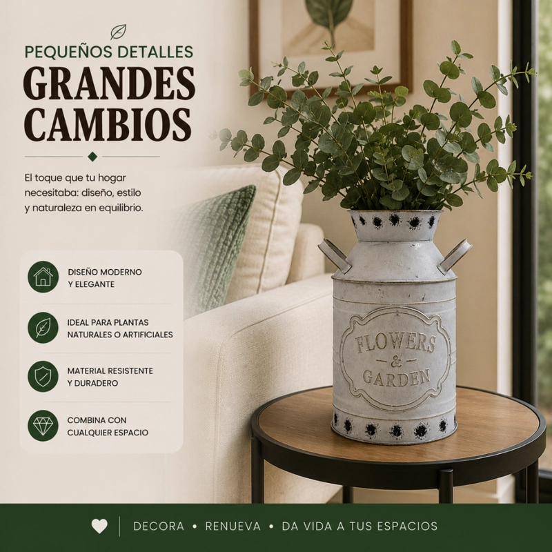 FLORERO METALICO TIPO LECHERO DECORATIVO VINTAGE RELIEVE - 6