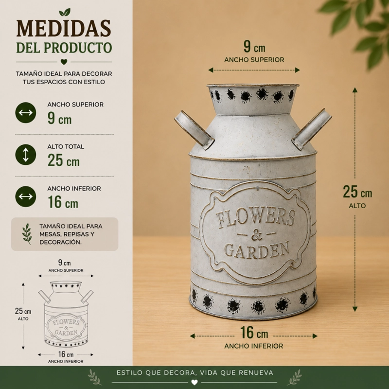 FLORERO METALICO TIPO LECHERO DECORATIVO VINTAGE RELIEVE - 7