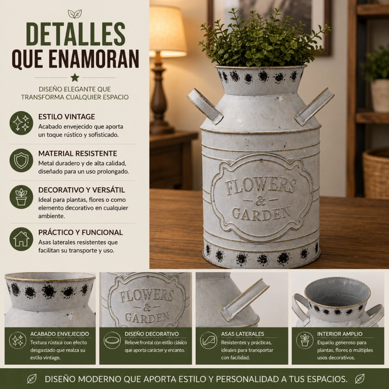 FLORERO METALICO TIPO LECHERO DECORATIVO VINTAGE RELIEVE - 9