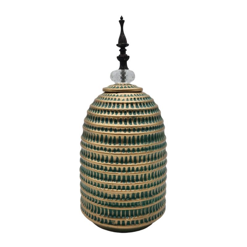 JARRON FLORERO CERAMICA DECORATIVO VERDE CON DORADO EGIPCIO - 1