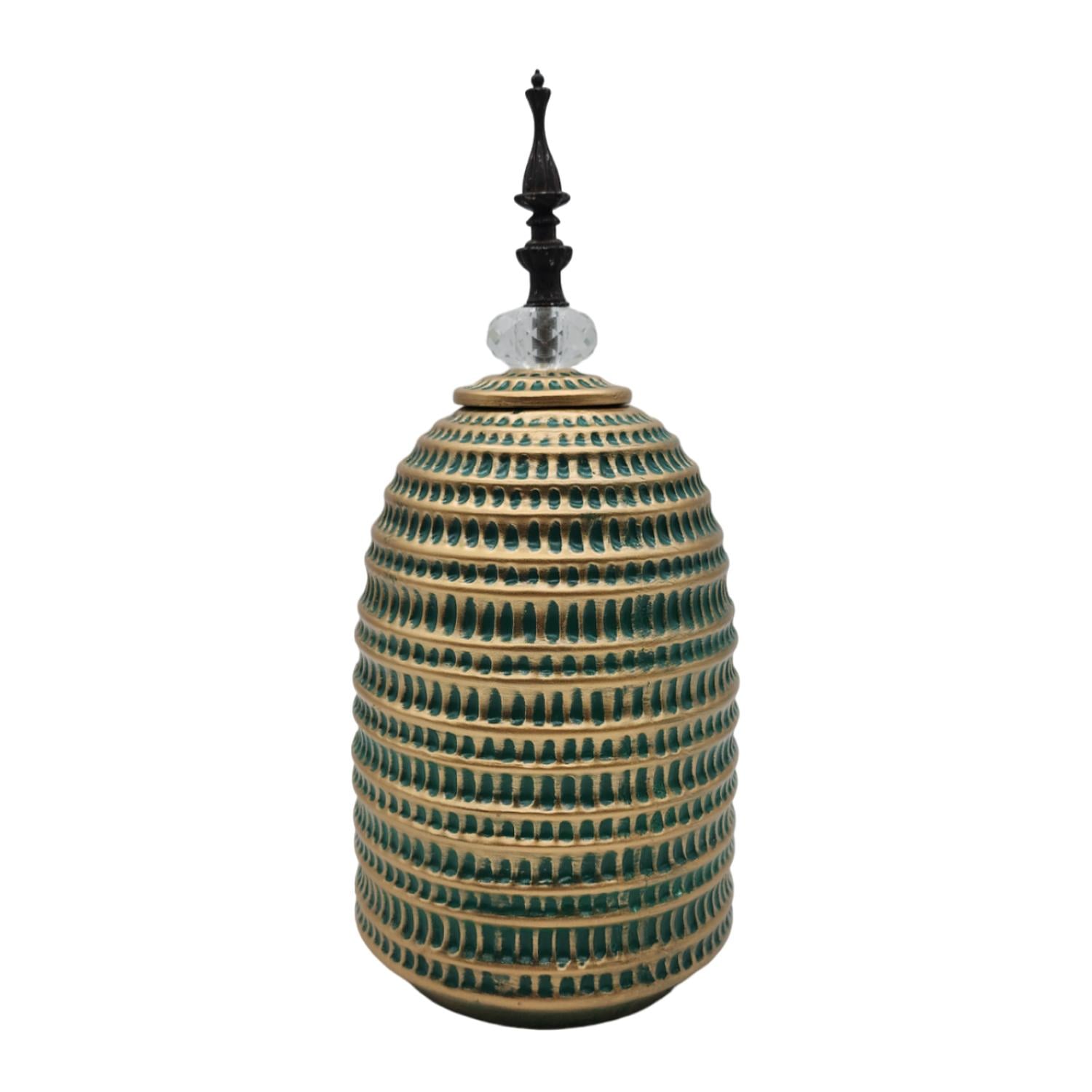 JARRON FLORERO CERAMICA DECORATIVO VERDE CON DORADO EGIPCIO - 1