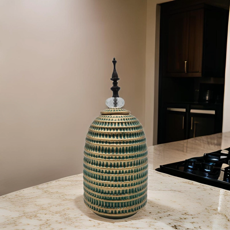 JARRON FLORERO CERAMICA DECORATIVO VERDE CON DORADO EGIPCIO - 2