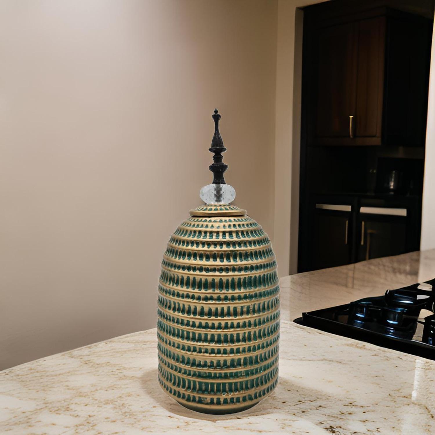 JARRON FLORERO CERAMICA DECORATIVO VERDE CON DORADO EGIPCIO - 2