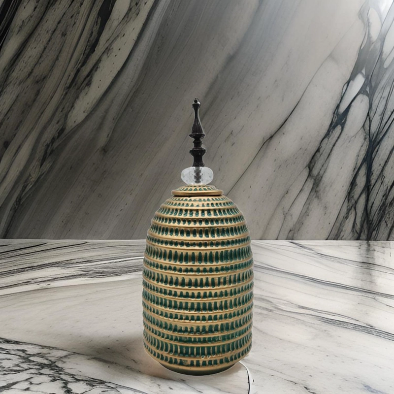 JARRON FLORERO CERAMICA DECORATIVO VERDE CON DORADO EGIPCIO - 3