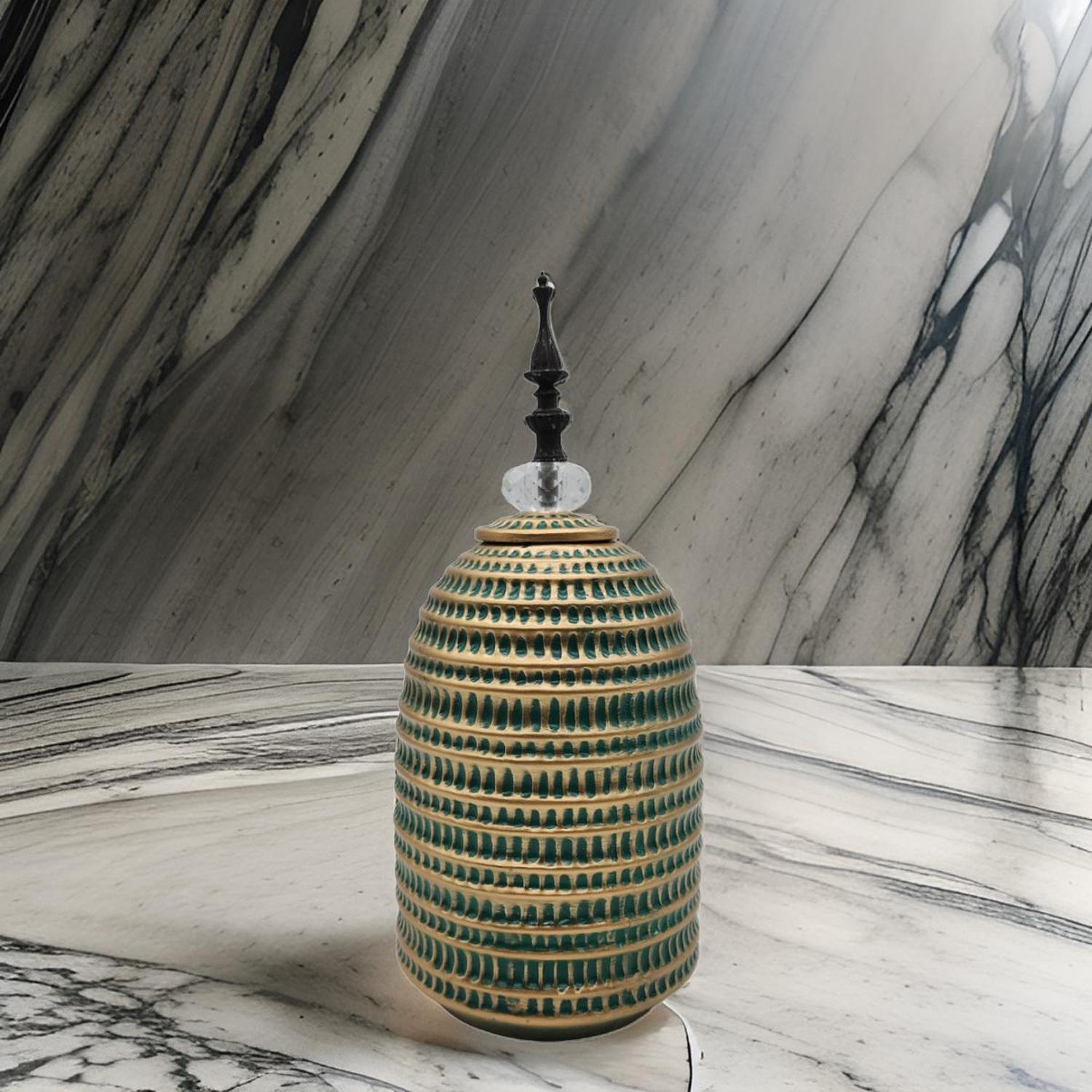 JARRON FLORERO CERAMICA DECORATIVO VERDE CON DORADO EGIPCIO - 3