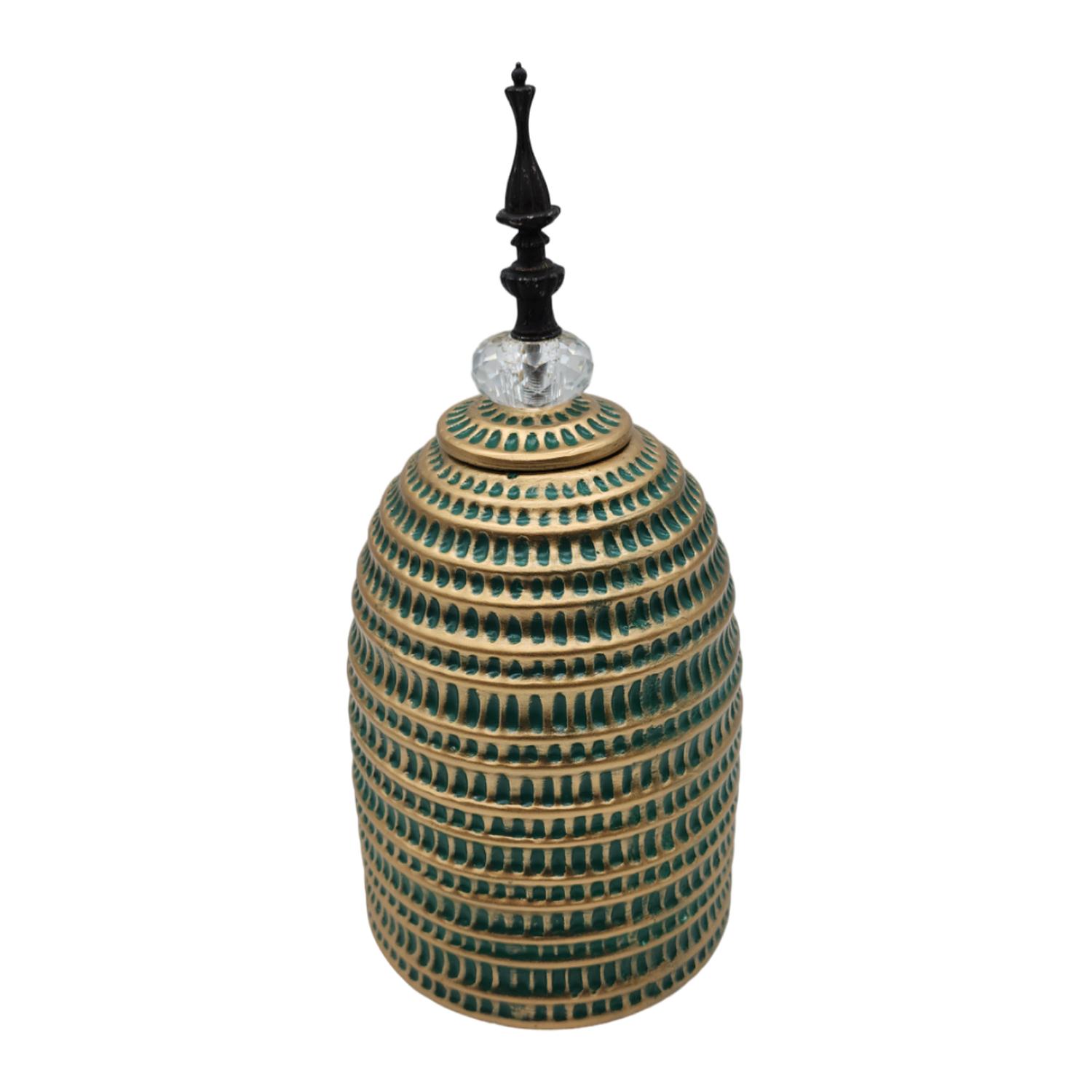 JARRON FLORERO CERAMICA DECORATIVO VERDE CON DORADO EGIPCIO - 4