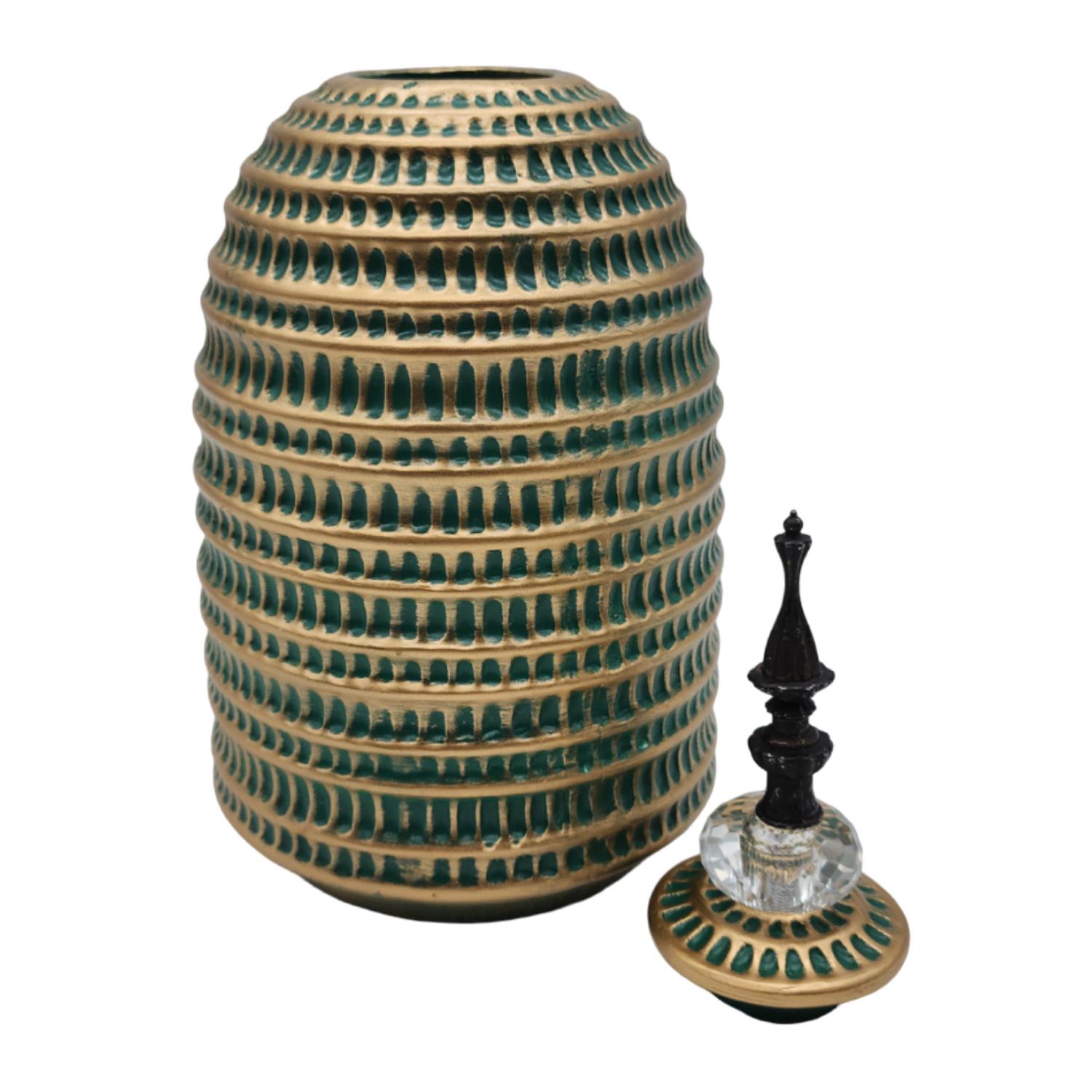 JARRON FLORERO CERAMICA DECORATIVO VERDE CON DORADO EGIPCIO - 5
