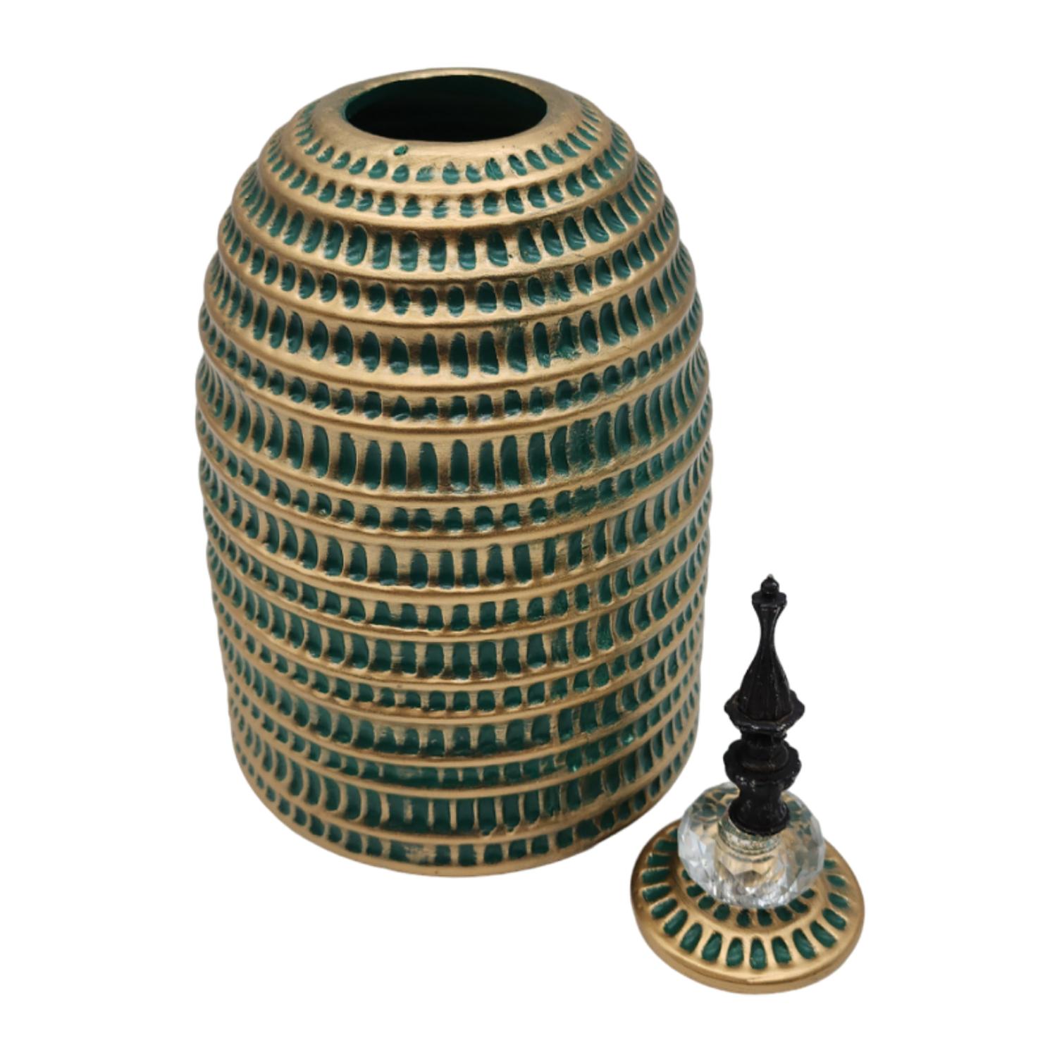 JARRON FLORERO CERAMICA DECORATIVO VERDE CON DORADO EGIPCIO - 6