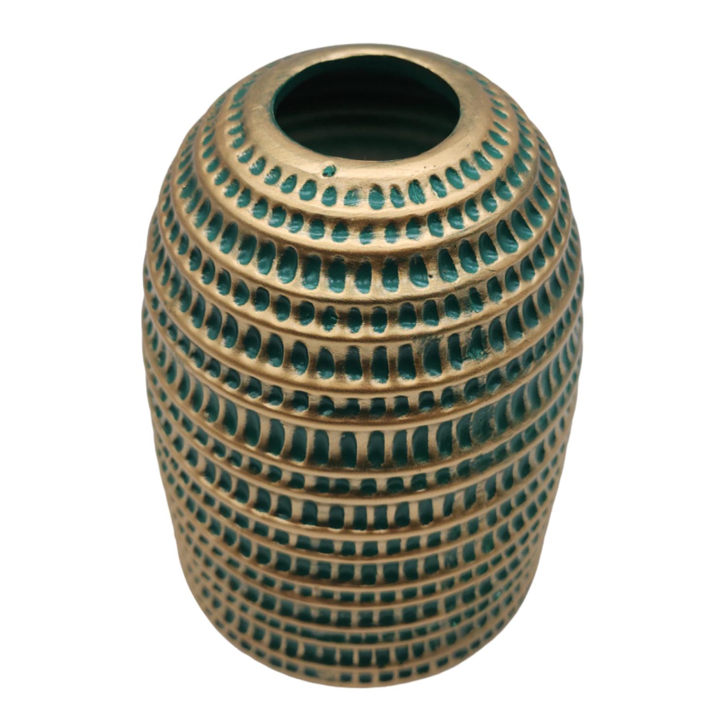 JARRON FLORERO CERAMICA DECORATIVO VERDE CON DORADO EGIPCIO - 7
