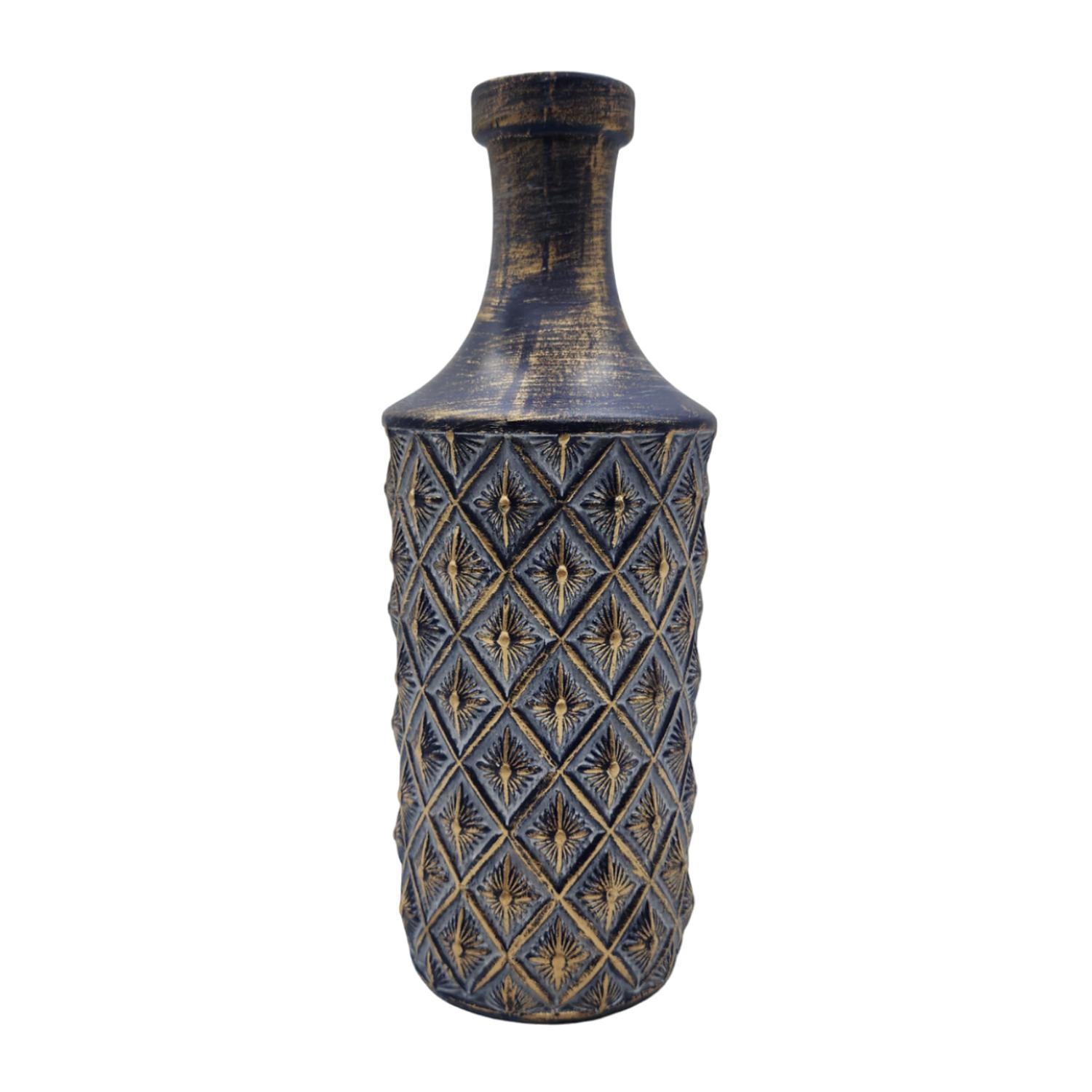 JARRON FLORERO CERAMICA DISEÑO ROMBOS AZUL DORADO ALARGADO - 1