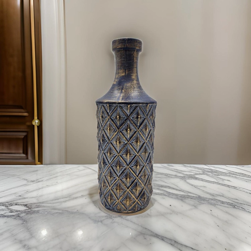 JARRON FLORERO CERAMICA DISEÑO ROMBOS AZUL DORADO ALARGADO - 2