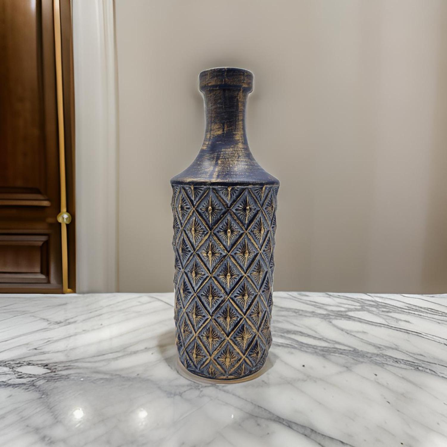 JARRON FLORERO CERAMICA DISEÑO ROMBOS AZUL DORADO ALARGADO - 2