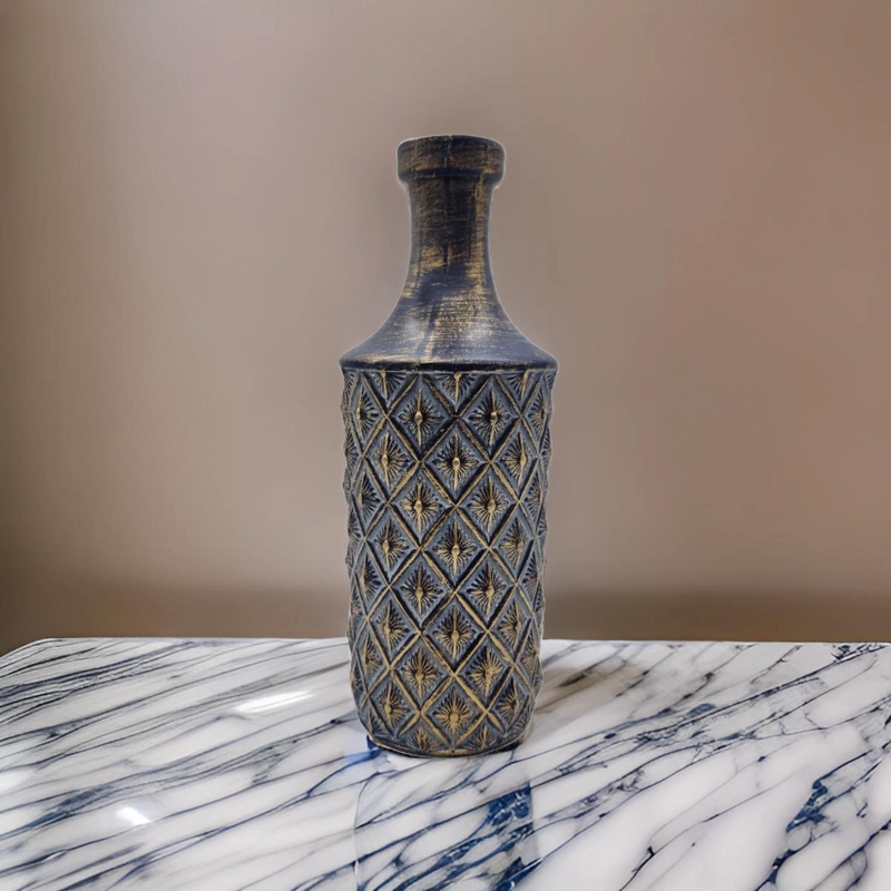 JARRON FLORERO CERAMICA DISEÑO ROMBOS AZUL DORADO ALARGADO - 3