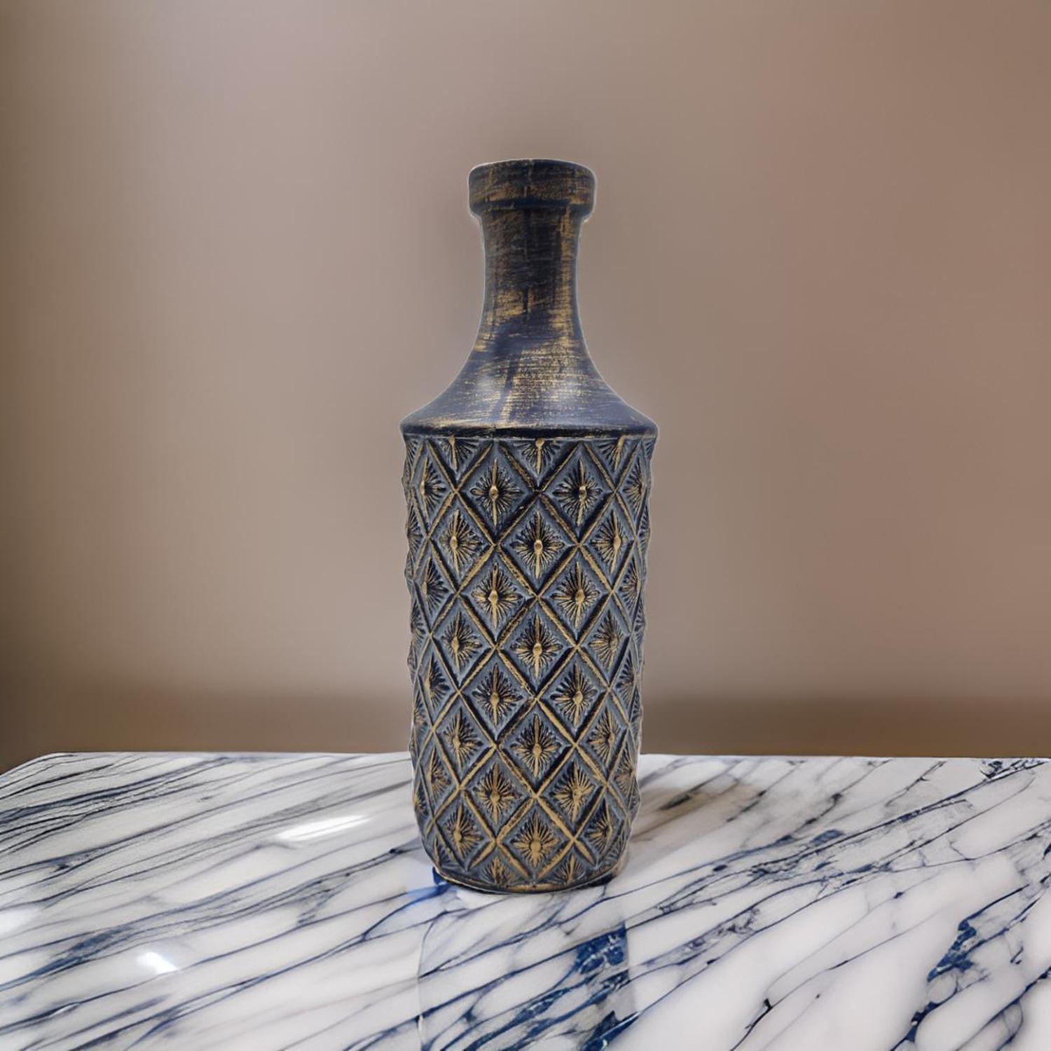 JARRON FLORERO CERAMICA DISEÑO ROMBOS AZUL DORADO ALARGADO - 3