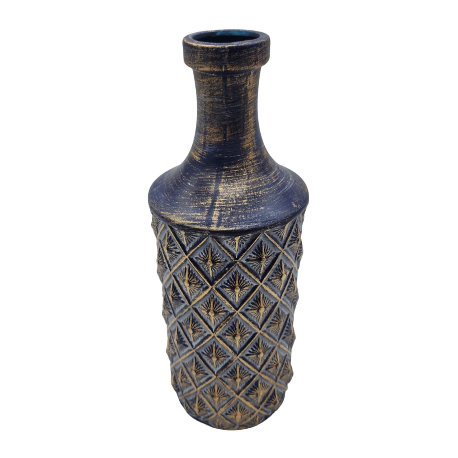 JARRON FLORERO CERAMICA DISEÑO ROMBOS AZUL DORADO ALARGADO - 4