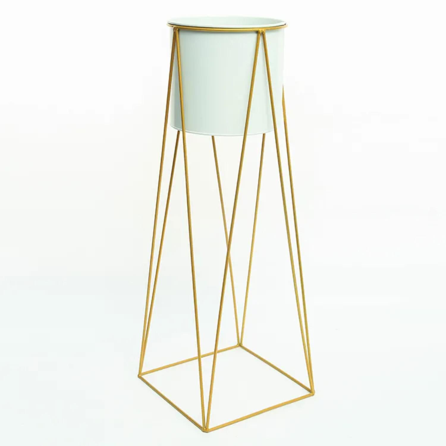 PORTA MACETERO PEDESTAL MACETA PLANTAS BLANCO DORADO - 1