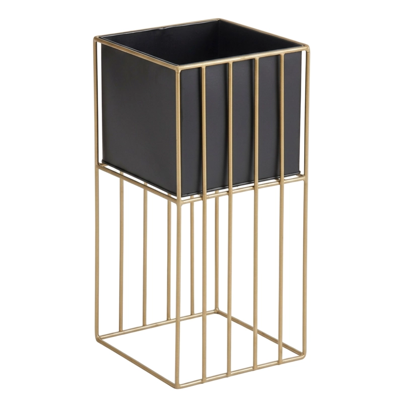 PORTA MACETERO PEDESTAL MACETA PLANTAS NEGRO DORADO MEDIANO - 1